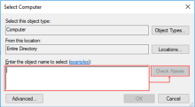 Registry editor Select Computer dialog with Enter object name field highlighted.