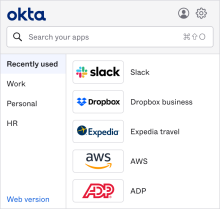Recently used apps section on the Okta dashboard