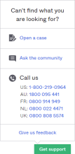 The image shows the Get support button and sub-menu.