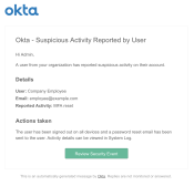 Example of an email sent to an admin when a user reports suspicious activity.